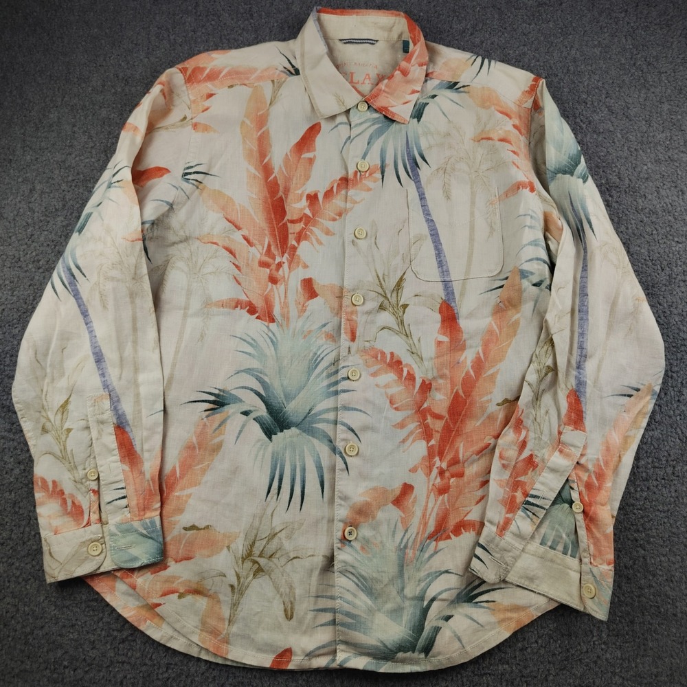 Tommy Bahama Relax Mens Medium Linen Hawaiian Shirt Tropical Palm Leaf